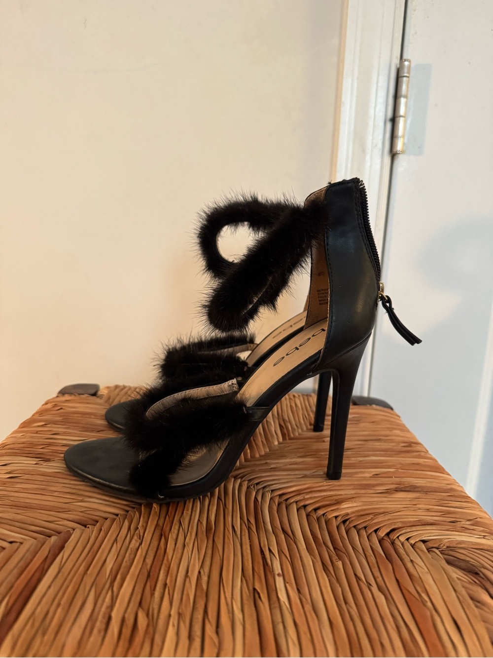 bebe Black faux Fur-Strap Stiletto sandals size 7